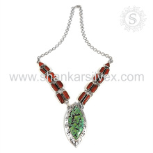 Aristocrático coral e turquesa gemstone colar de prata atacado 925 jóias de prata esterlina jóias indianas